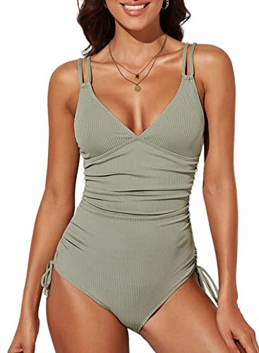 Dokotoo Damen Badeanzug Grün V-Ausschnitt Rückenfrei Bauchweg Schwimmanzug Gerippte Einteilige Bademode Swimsuit Groß