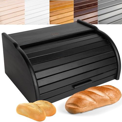 Creative Home Black Wooden Bread Bin | 38 x 28.5 x 17.5 cm (+/- 1 cm) | Natural Beech Wood | Bread Box Container with Roll-Top Lid | Wooden Kitchen Storage box