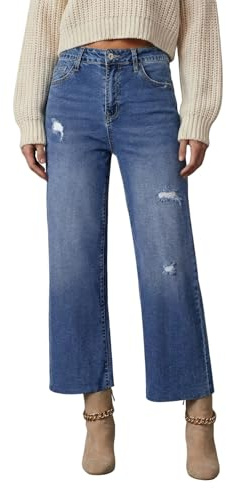 Dokotoo Capri Wide Leg Jeans for Women Trendy Womens Pants High Waisted Jeans Pants Women Baggy Straight Petite Barrel 2025 Summer Boyfriend Outfits Fashion Clothing Casual Trousers Denim Blue