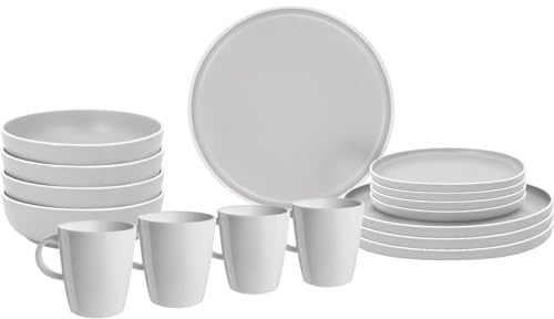 BRUNNER Melamin Geschirr Set Lunch Box Dolomit Stone Touch Camping Teller 16tlg Weiß
