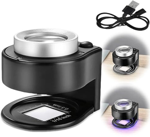 Juwelier Lupe, 60X Vergrößerung Metall Faltlupe mit 6 LED und UV-Licht, 25MM USB Portable Handfreie Taschen Tischlupe mit Skala, Stofflupe zum Nähen Textil Kartenlesen(Schwarz)