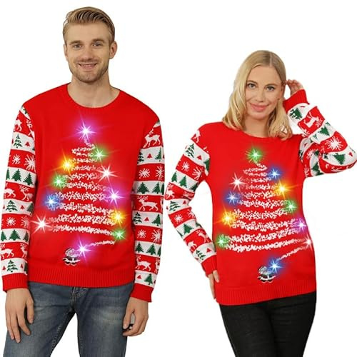 Kouric Pull Moche de Noel Femme Homme,Pull de Noel Lumineux LED,Unisexe Pulls de Noël Drole,Pull Noel Moche Couple Assortis,Pull Noel Famille Hiver Chaud Col Rond