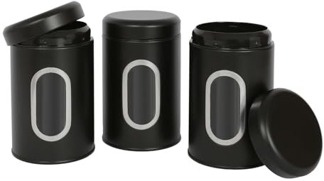 Harbour Housewares Tea Coffee and Sugar Canisters Set - Black - 3pc Transparent Window Airtight Food Storage Containers Kitchen Caddy Stainless Steel Storage Jars