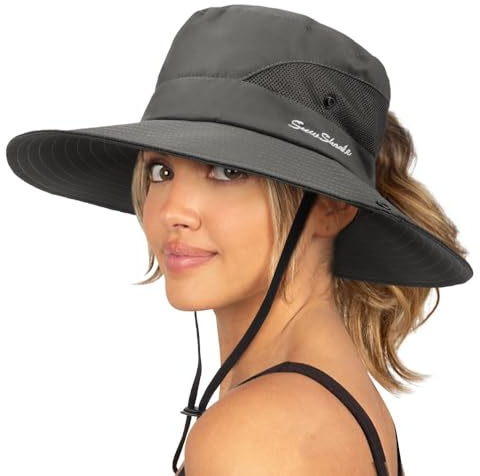 DRESHOW Women Sun Hat Outdoor UV Protection Hat Foldable Mesh Wide Brim Fishing Ponytail Beach Bucket Hats