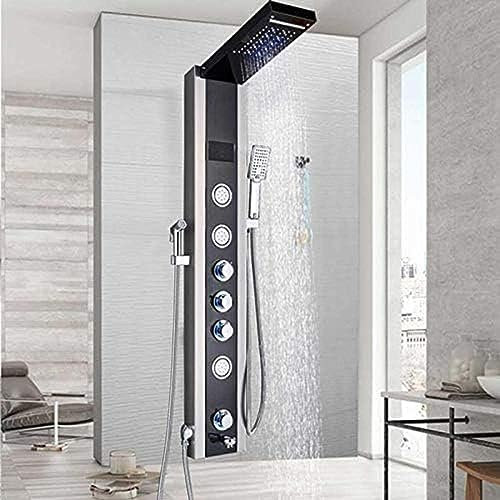 JPXXFM Set Doccia in Acciaio Inox con Rubinetto, Pannello Doccia termostatico a LED, Multifunzione, 6 Prese d'Acqua, Miscelatore per Doccia con Getto e Bidet, Nero-Nichel, Nero-Nichel, Doccia