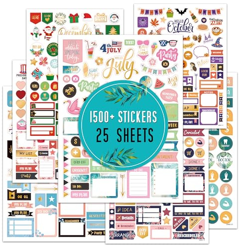Planner Stickers - Monthly Planner Stickers and Accessories 25 Pages 1500 + Stunning Functional and Colorful Designs, Calendar Sticker Includes Festival Theme Journal Sticker