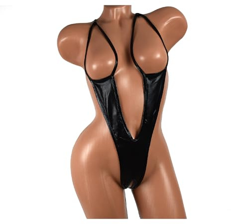 Felitsa Sexy Crotchless Swimsuit for Women, Micro String Bikini, Shiny Metallic Swimwear, Extreme Bikinis Sexy Exotic Bodysuit (black)