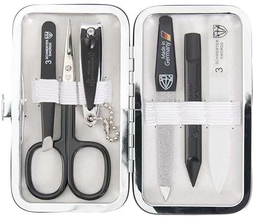 3 Swords Germany - brand quality 6 piece manicure pedicure grooming kit set - scissors, metal and glass nail file, clipper, tweezers with synthetic leather case - white/black tools