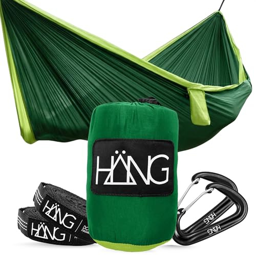 HÄNG XXL Hängematte 300 x 170 cm Outdoor - Wetterfest & Ultraleicht (850 g), 200 kg Belastbarkeit - für 2 Personen aus Fallschirmseide für Camping, Reise & Garten inkl. Befestigungsset