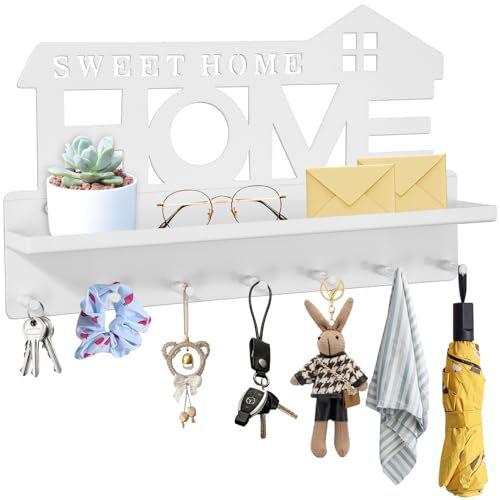 Portachiavi da Parete con Sette Ganci, Cassetta Appendi Chiavi a Muro con Ripiano, Porta Chiavi da Muro per Casa per Riporre Piccoli Oggetti Come Chiavi e Posta All'Ingresso