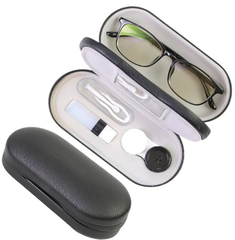 FlyingMage 2 in 1 Contact Lens Case and Eyeglasses Case for Women Men Kids, Double Sided Hard Shell Portable Glasses Travel Holder with Built-in Mirror, Contact Lens Box Storage Kit, Black