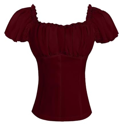 YOSUWOAI Chemise Renaissance pour Femme Débardeur Manches Courtes T-Shirts Col Carré Blouse de Paysanne Vintage Années 1950 Rockabilly Manches Puffées Chemise de Loisirs Médiévale, O vin, L