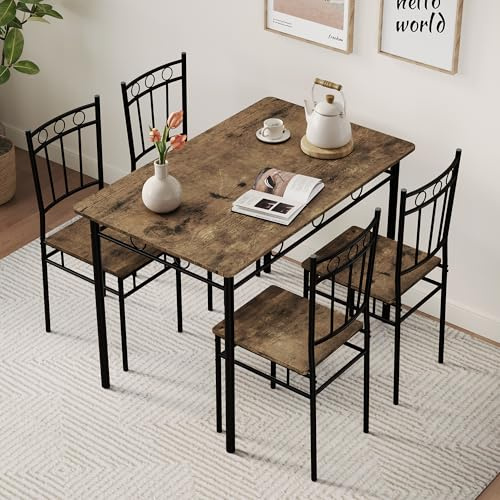 Vipbear 5-Piece Kitchen Table Set,Kitchen Dining Table Set for 4, Dining Room Table Sets with 4 Chairs,Rectangular Kitchen Table Set for Small Space, Dinette,Apartment, Classic Brown