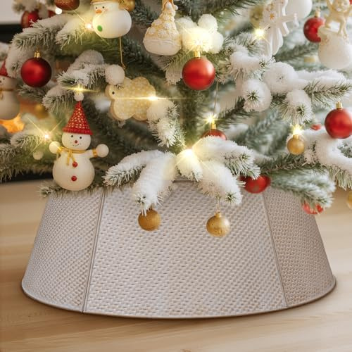 Lanpn Metal Collar Árbol de Navidad 70cm, Albero Natale Decorativo Christmas Tree Collar para Mediana M Árboles Artificiales Interior Exterior - Decoración Navideña (Blanco, Sarga)
