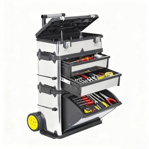Wheeled Tool Box with Stackable Boxes and Lockable Cover - Large Toolbox on Wheels with Removable Tray - Secure Rolling Tool Box for Easy Organisation