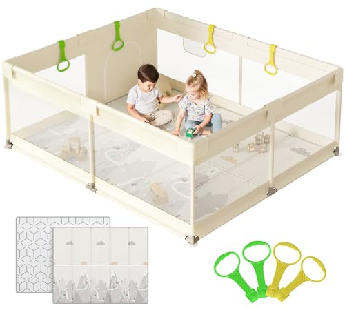 Cafolatt Parque infantil Bebe con Acolchado - Corralito Bebe 150×180cm con Suelo Acolchado, Base Estable, Tela Transpirable y Totalmente Seguro(Beige)