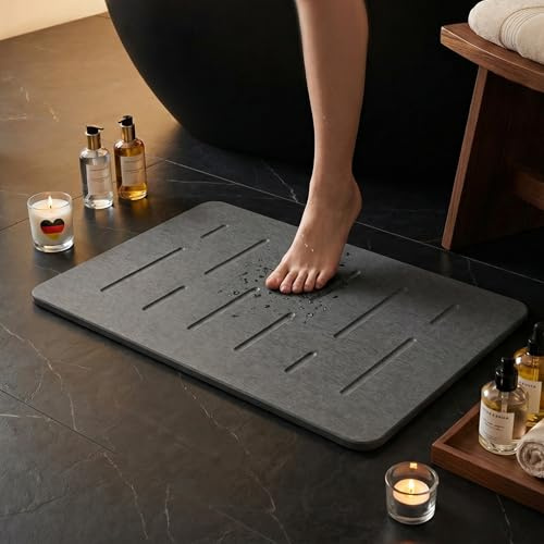 Homellence Diatomit Badmatta Snabbtorkande Halkfri - Kiselgur Badmatta | Badrumsmatta Absorberande Antibakteriell - Stenbadmatta Duschmatta Natursten - stone bath mat 39x60 cm (Linear Luxury)
