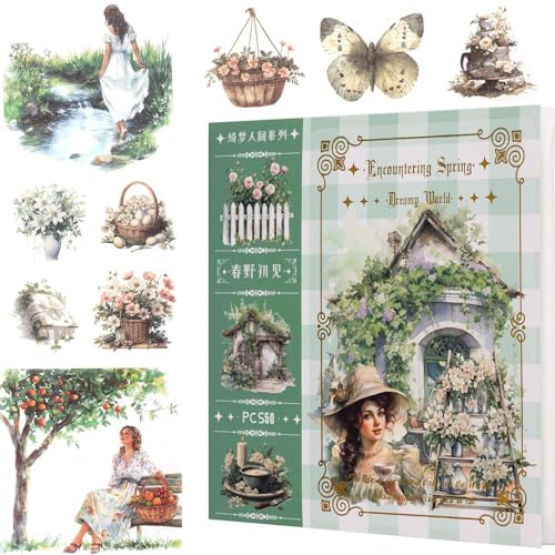 BelleFlair 50 Sheets Garden Junk Scrapbook Stickers, Spring Summer Journal Supplies Washi Stickers, Blue Garden Flower Sticker Book, Watercolor Aesthetic Ephemera, Arts Crafts Sticker for