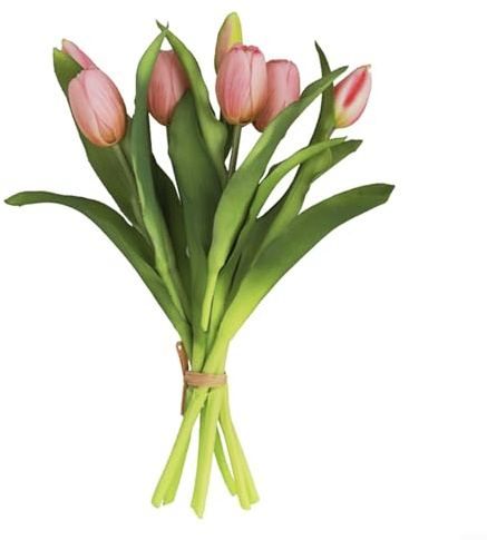 Paquete de 7 ramos de tulipanes artificiales, flores falsas de poliuretano de tacto real para centro de mesa de boda, decoración de escritorio de oficina en casa, fácil de limpiar (33 cm) (rosa)