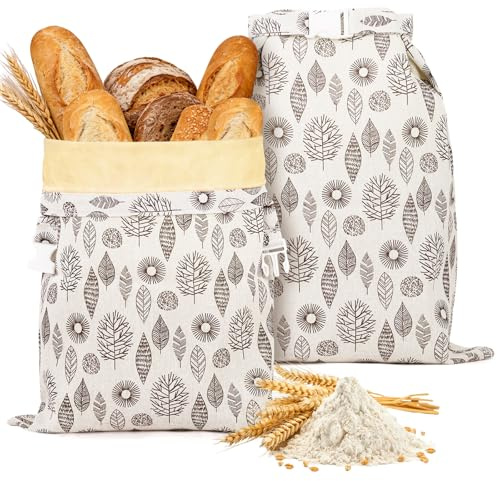 AOOWU 2Pcs Bolsa para Pan con Revestimiento Natural de Cera de Abeja Reutilizables de Cera de Abeja Bolsas de Algodón y Lino Hebilla para Guardar Pan de Masa Madre y Productos de Panadería(43×33 Cm)