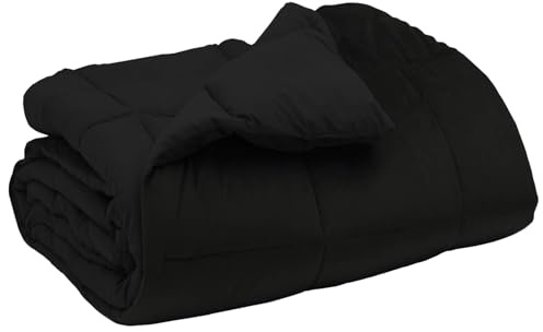 Edredón de invierno acolchado negro 155 x 200 cm, microfibra, relleno de fibra, transpirable y suave, para todo el año, para cama infantil y comodidad en el dormitorio