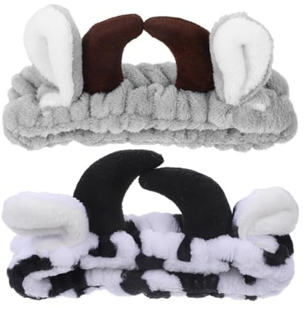 BATHVEVE Bandeaux de Bain pour Femmes 2pcs en Flanelle Motif Vache, Bandeau Facial Doux Élastique Ajustable, pour Maquillage et Soins Visage