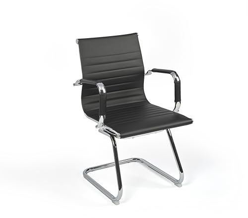 EVRE Office Chrome Cantilever Desk Chair, for Meeting Boardroom & Visitor Reception with Stainless Steel Frame & Ribbed PU Padded Faux Leather Curved Seat (Black)