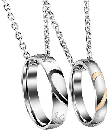 Jovivi 2PCS Collier Bague Couple Pendentif Bague Acier Inoxydable Anneau Bague Amour Cadeau Valentine Homme Femme avec Chaîne