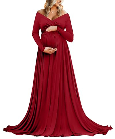 Saslax Maternity Off Shoulders Long Sleeve Half Circle Gown for Baby Shower Photo Props Dress Burgundy 162 Small