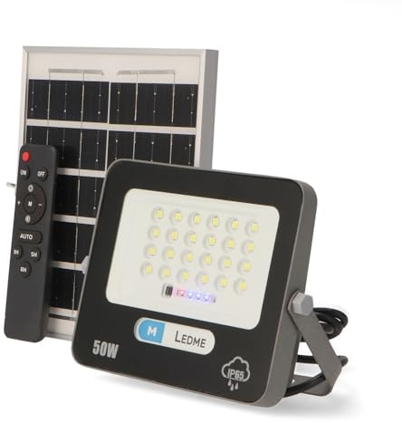 M Ledme - Foco Solar Led 50W con mando a distancia, 750 lumens, regulable intensidad de luz, IP65, Color Luz Fría (6000k), batería de gran capacidad 5000 mAh. Longitud del cable 2,10M