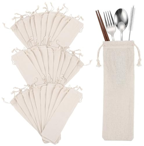 Hemoton 30 Pcs Reusable Straw Carrying Case, Cotton Linen Utensil Pouch for Lunch Box, Portable Chopstick Holder Travel Silverware Bag for Stainless Steel, Glass, Bamboo Cutlery