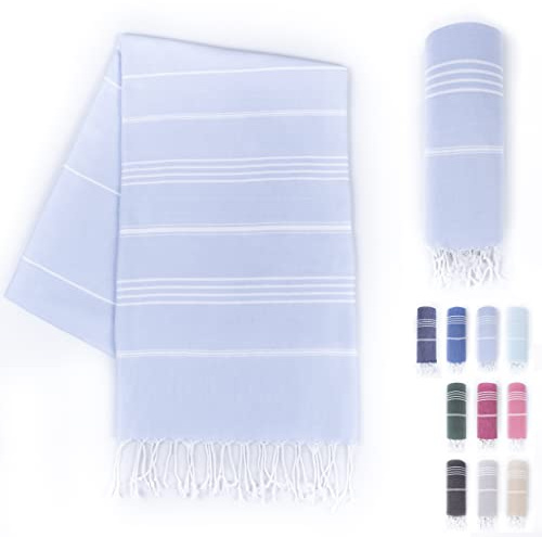 LAYNENBURG Premium hamam-handduk med handknutna fransar – 100 % bomull – XXL strandhandduk 100 x 200 cm – Oeko-TEX 100 – stor strandhandduk – bastuhandduk och resehandduk (ljusblå)