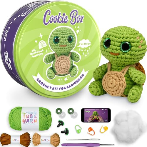 Cookie Box Original Crochet Kit for Beginners – Gift Set to Make Turtle Hugo Amigurumi Plushie – Easy DIY Crochet & Knitting Starter Kit with Video and PDF Tutorials