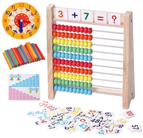 Wooden Abacus for Kids Math Manipulatives Learning Clock for 5 6 7 8 Year Old Boys Girls 1st 2nd Grade Math Counters 100 Counting Sticks Montessori Preschool Educational Math Toys Homeschool Supplies