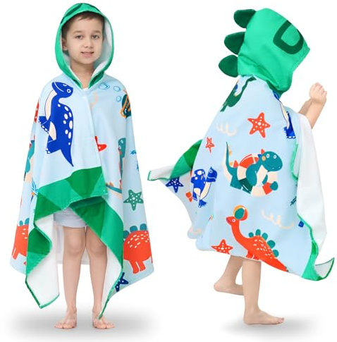 JISEN Kids Beach Towels-Hooded Towels for Kids,30 x 50 for 3-10 Years,Beach, Pool Ponchos for Kids with Hood,Boys Beach Towel,Green Dinosaur