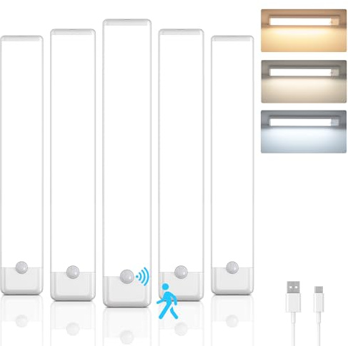 YLXS 5-Pack Motion Sensor Under Cabinet Light, 3 Color Temperature Dimmable Rechargeable Magnetic Closet Light 7.9 inch Wireless Under Counter Light