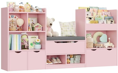 FOREHILL 183cm Breit Kinderregal mit Sitzbank, Kinderzimmer Möbel mit 3 Aufbewahrungsboxen für Spielzeug Bücherregal für Kinder mit 3 Ebenen, Regal für Kinderzimmer Leseecke 183,5x94,5x29,8 cm Rosa