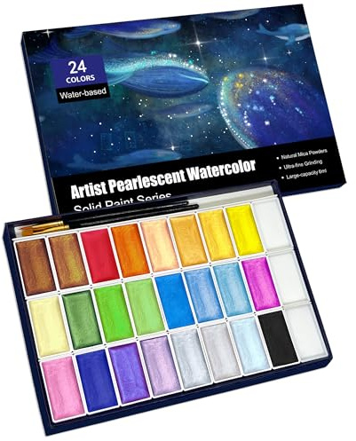 GlisDyck 6ML Shimmer Watercolor Paint Set, 24 Colors Glitter Metallic Watercolour Painting Sets, Solid Pearl Water Color Paints for Artists, Amateur Hobbyists and Painting (24 Colours)