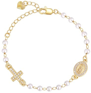 VNOX Catholic Virgin Mary Cross Bracelet 14K Gold Plated Bracelet for Women, Adjustable 6.3+2 Extension, Pearl Chain, Catholic Confirmation Baptism Gifts for Girls Women