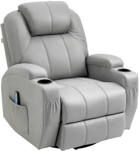 HOMCOM Poltrona Reclinabile a 145° con Poggiapiedi, Poltrona Relax Massaggiante e Riscaldata con 5 Programmi e 8 Punti Vibranti (Pelle PU, Grigio, 89L x 99P x 106A cm)