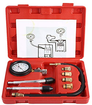 Misuratore di compressione per motori a benzina, kit di prova della compressione dei cilindri per autoveicoli, doppio manometro 0–300 psi per auto e motocicli, con 4 adattatori a