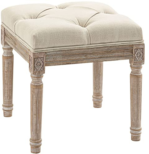 HOMCOM Repose Pied Salon, Ottoman, Siège Rembourré, 40 x 40 x 43 cm, Beige | Tissu Aspect Lin, Pieds en Bois d'Hévéa, Pouf Salon Carré, Chambre à Coucher, Entrée