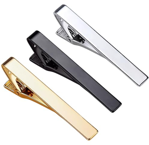 Roctee Tie Clips for Men, 3 Pack Classic Tie Clip Silver Gold Black Necktie Tie Bar Pinch Clips Suitable for Wedding Anniversary Business
