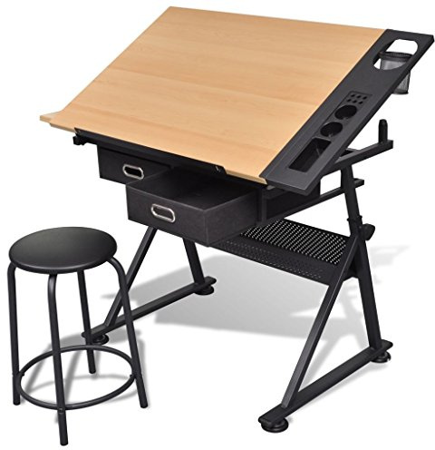 Tidyard Zeichentisch Tisch Architektentisch Verstellbarer Mit Neigbaren (zwischen 0 und 85 Grad) Tischplatte 2 Schubladen & Hocker,Schreibtisch Schülerschreibtisch Arbeitstisch 118 x 62 x 68,5-106 cm