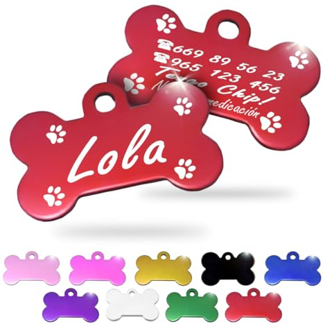 Ibera Gifts - Chapa Perro Grabada en Forma de Hueso, Placa Perro Personalizada para Perros y Gatos Medianos y Grandes, Tamaño 40 x 26 mm, Chapa Identificativa Perro y Gato (Roja con Patas)