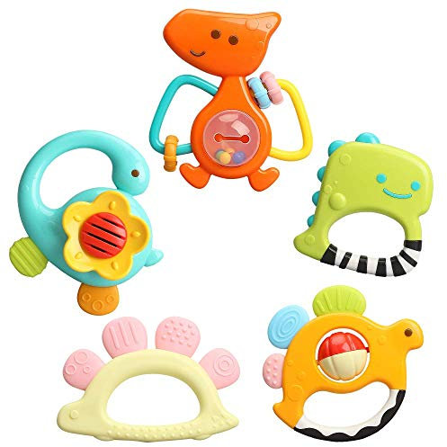 TINOTEEN Baby Rattles Spielzeugset, 5 Stück Beißring Shaker Grab Spin Rassel Spielzeug für 3 6 9 12 18 Monate Babys Neugeborenes