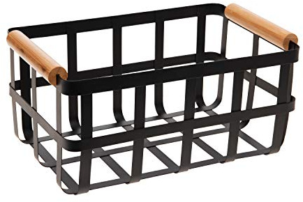 Simplify Metal Basket with Bamboo Handles in Black Aufbewahrungskorb aus Metall mit Bambusgriffen, Bauernhaus-Stil, Organizer, dekorativ, rustikal, Eisen, Schwarz, Large