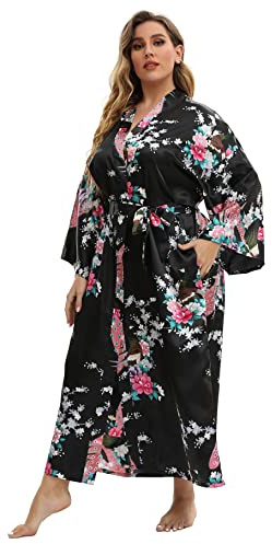 Feslieacc Women's Silk Plus Size Satin Robes - Black Floral Long Dressing Gown, 4XL/5XL