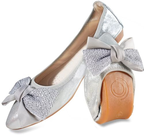 MACHSWON Ballerines plates pour femme - Confortable - Bout pointu - Nœud papillon - Chaussures plates habillées pour femme, Silver02., 38 EU