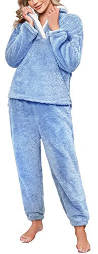 Niwicee Pijama para Mujer Invierno Conjunto de Pijama Forro Polar Super Suave Ropa de Dormir 2 Piezas Damas Ropa de Noche Manga Larga cálida y Pantalones Largos con Bolsillo(Azul,M)